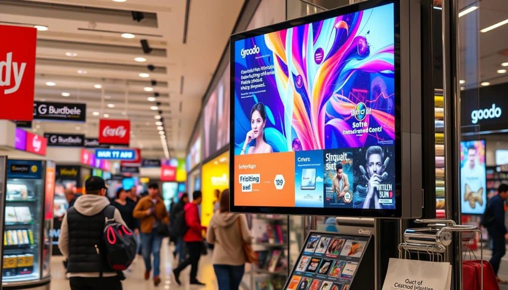 Generate an image of a high-resolution digital signage display showing vibrant advertisements in a retail environment.