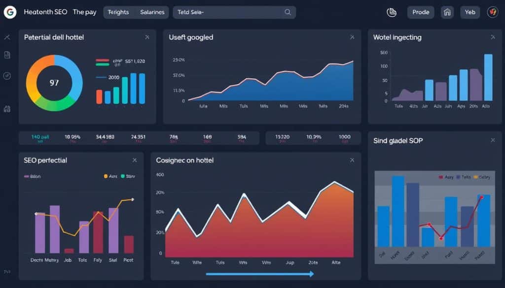 Generate an image of a hotel dashboard displaying SEO performance metrics