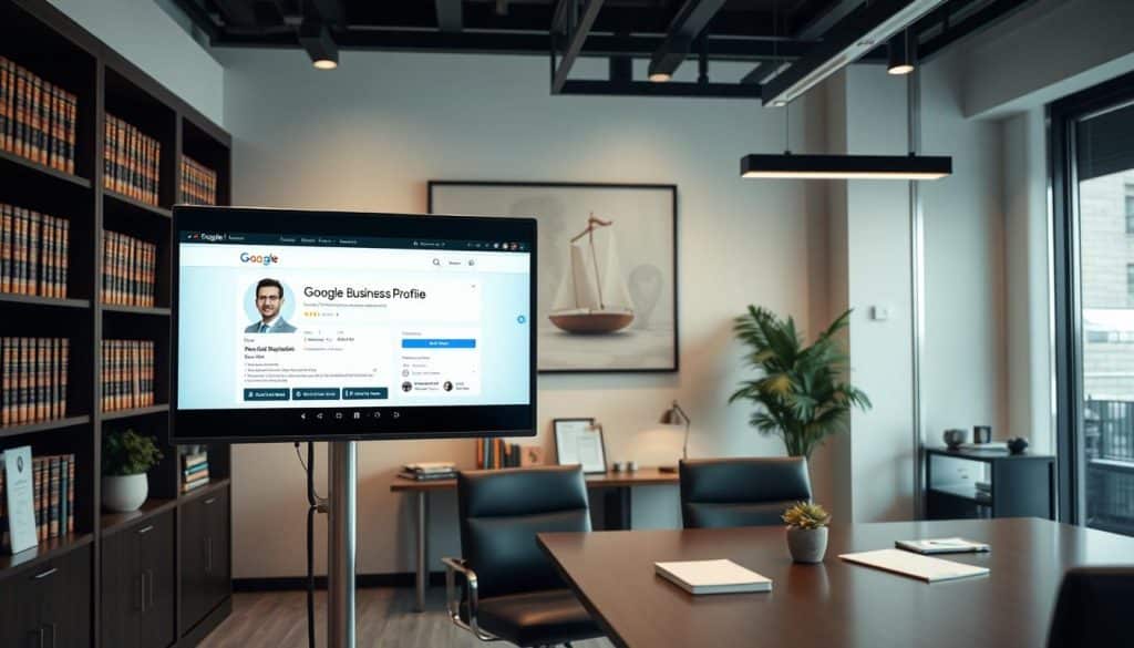 Generate an image of a law firm's office with a Google Business Profile displayed on a screen.