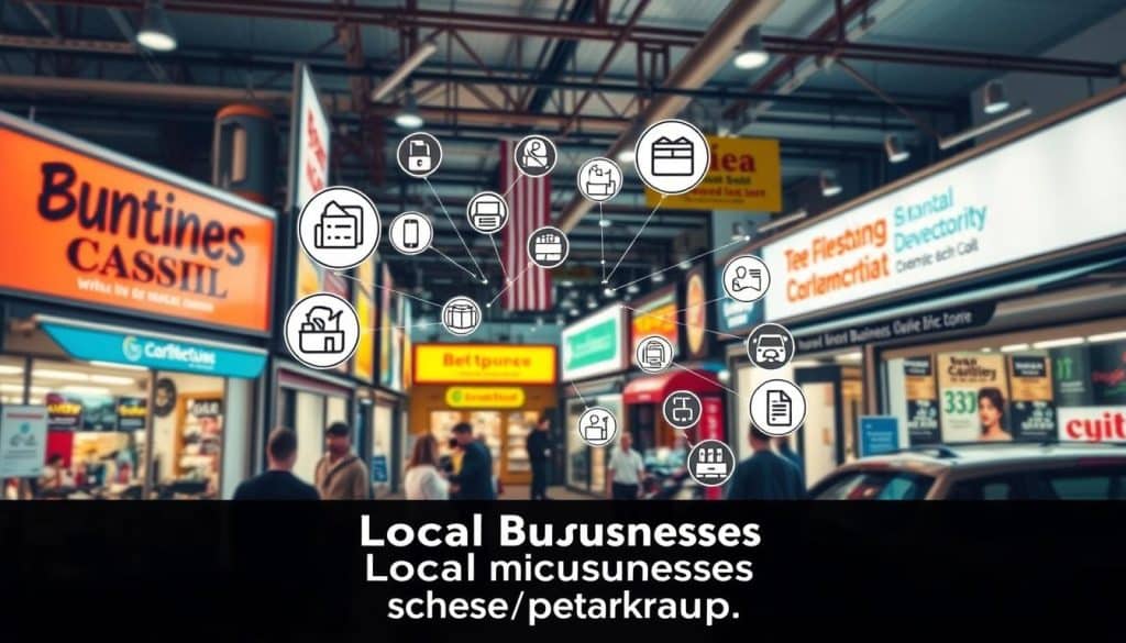 Generate an image of a local business directory with various businesses listed, highlighting the importance of local business schema markup.