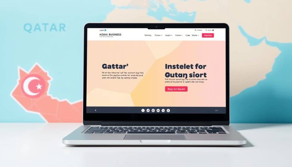 Generate an image of a local business website on a laptop screen with a Qatar map in the background.