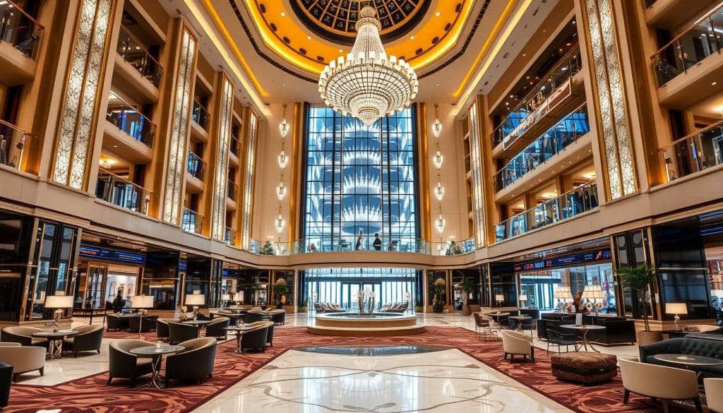 Generate an image of a luxurious Qatari hotel with a bustling lobby and modern amenities.