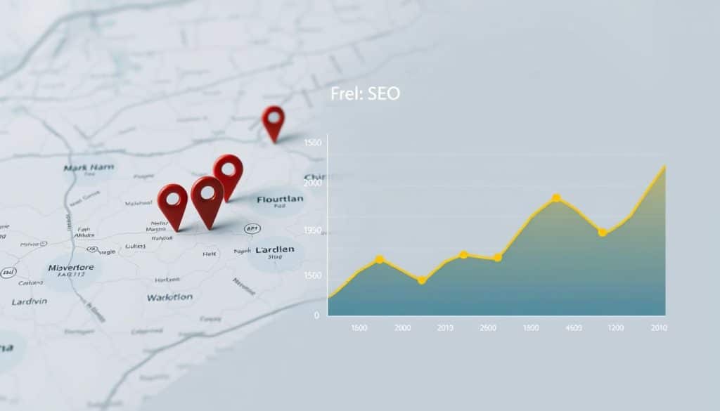 Generate an image of a map with location pins and a graph showing SEO trend analysis