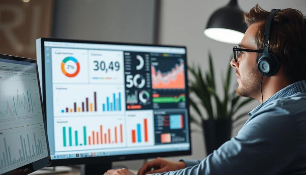 Generate an image of a marketer analyzing customer data on a computer screen.
