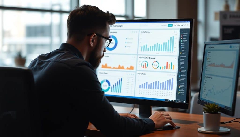 Generate an image of a marketer analyzing email campaign metrics on a dashboard.