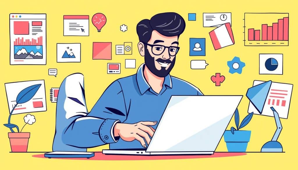 Generate an image of a marketer creating a video marketing campaign on a laptop