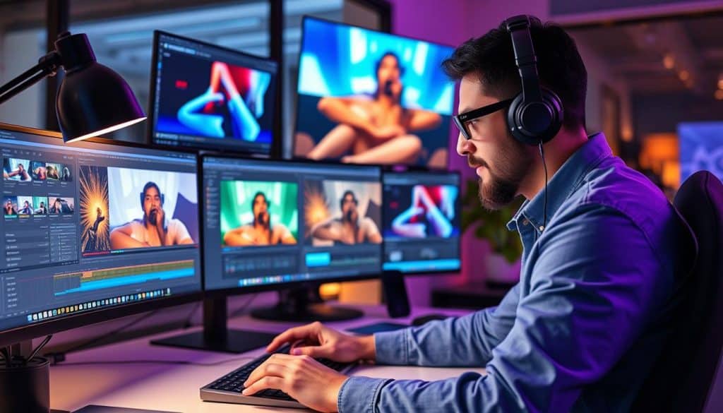 Generate an image of a marketer using AI tools for video creation
