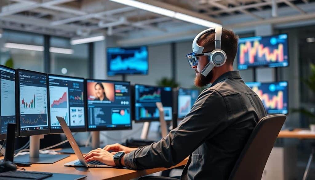 Generate an image of a marketer using AI tools to create a video marketing strategy.