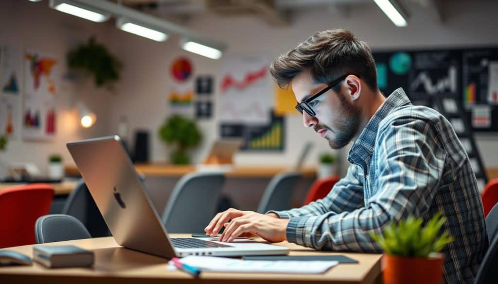 Generate an image of a marketer using MailerLite's AI email writer on a laptop.