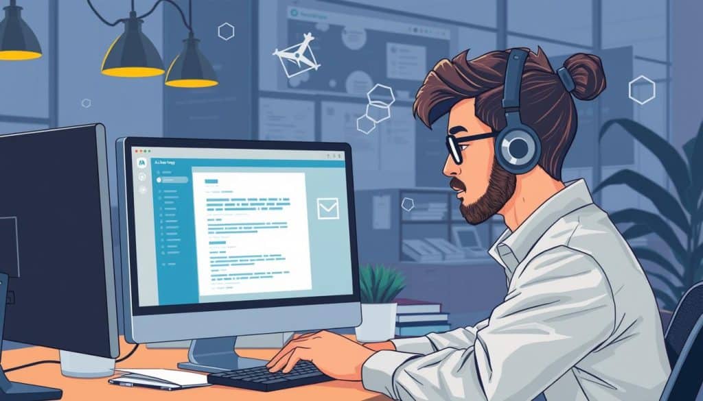 Generate an image of a marketer using an AI email writer tool on their computer.