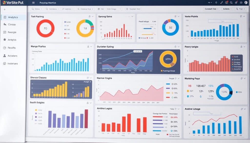 Generate an image of a marketer's dashboard with various tools and analytics