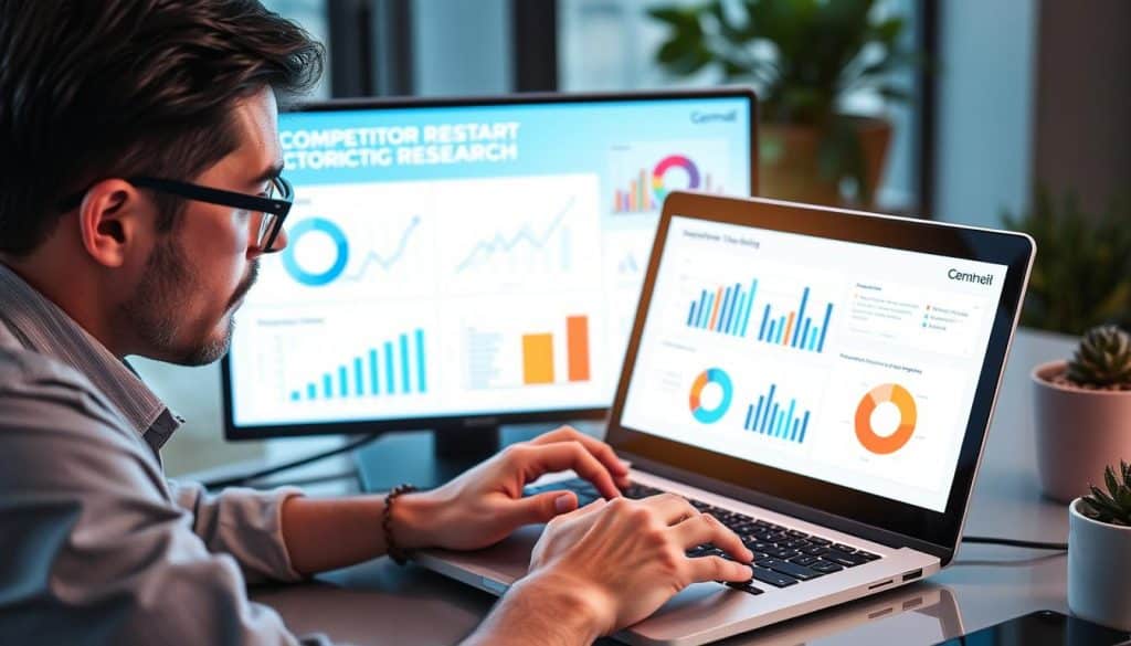 Generate an image of a marketing professional analyzing competitor research data on a laptop, with visual branding elements displayed on a nearby screen.