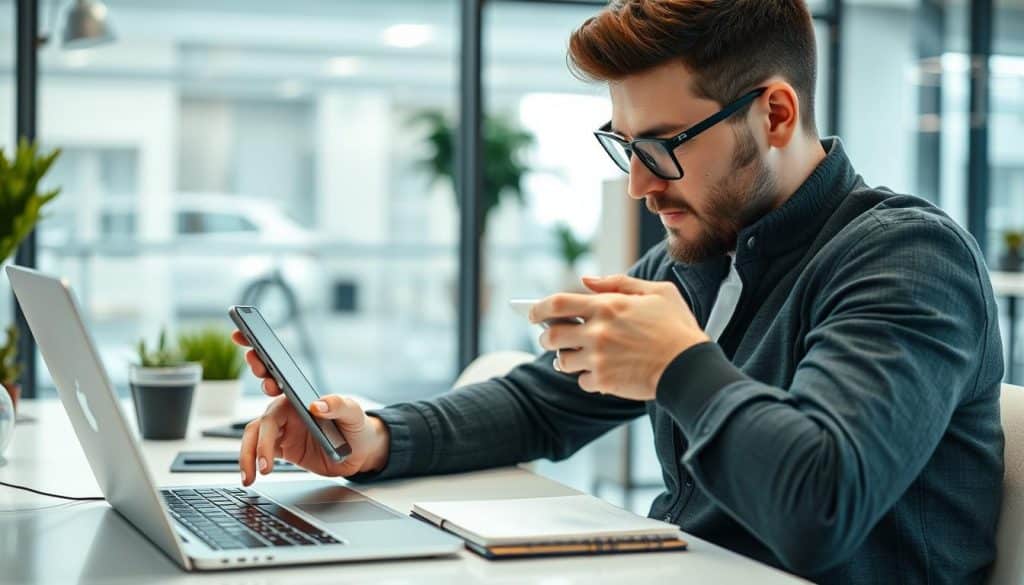 Generate an image of a mobile app developer testing an application on a smartphone.