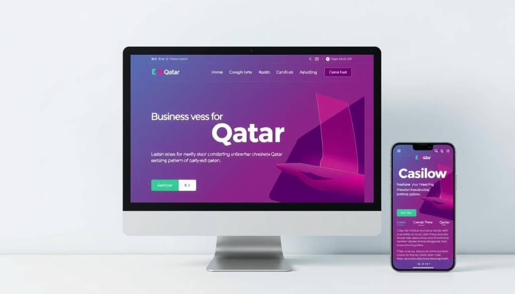 Generate an image of a modern Qatar business website on a desktop and mobile device.