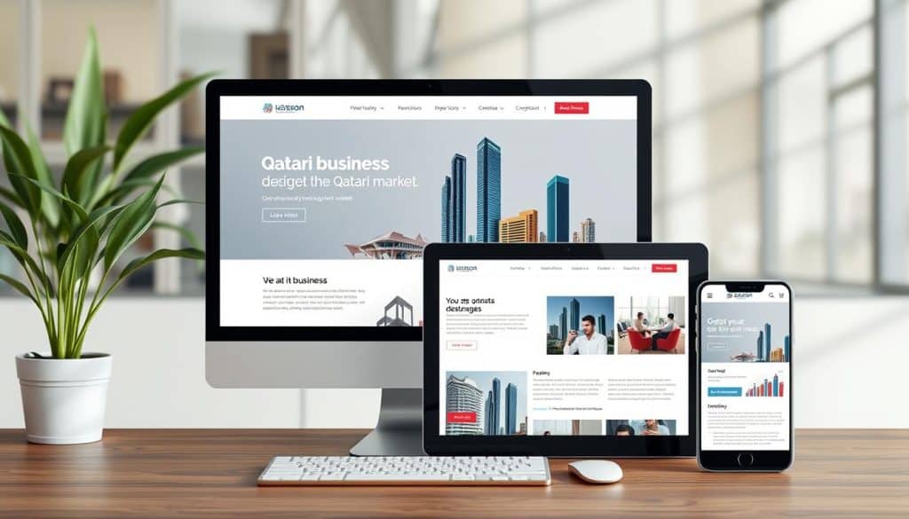 Generate an image of a modern Qatar business website on various devices