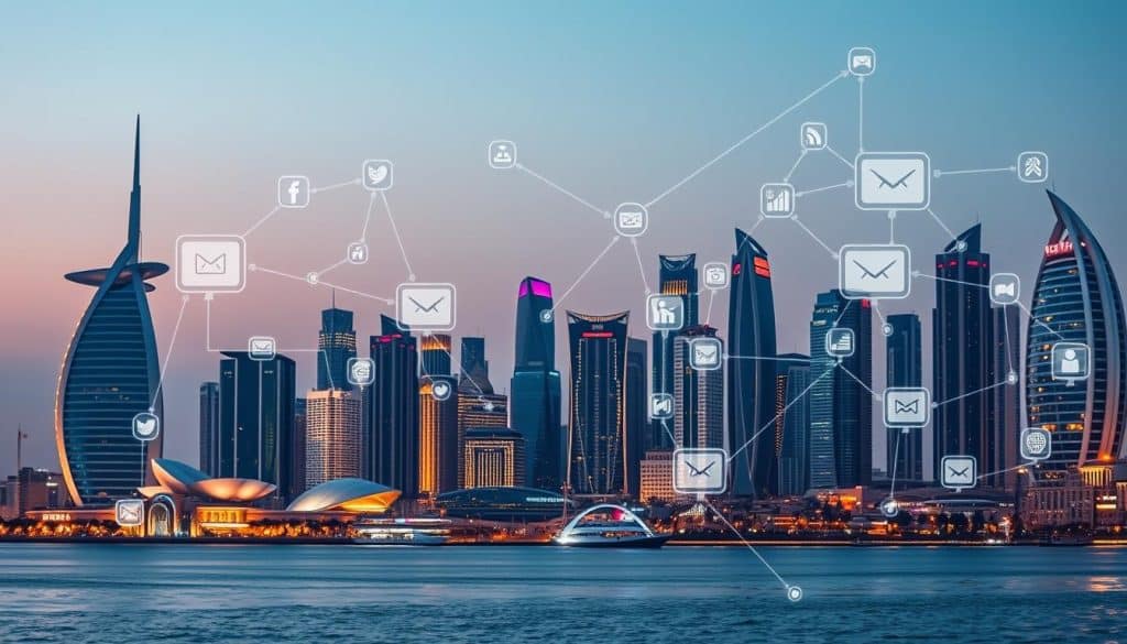 Generate an image of a modern Qatar cityscape with a digital overlay representing social media connectivity.