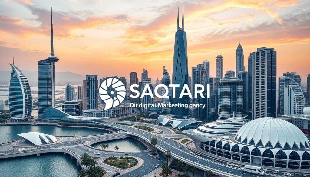 Generate an image of a modern Qatar cityscape with a prominent digital marketing agency logo