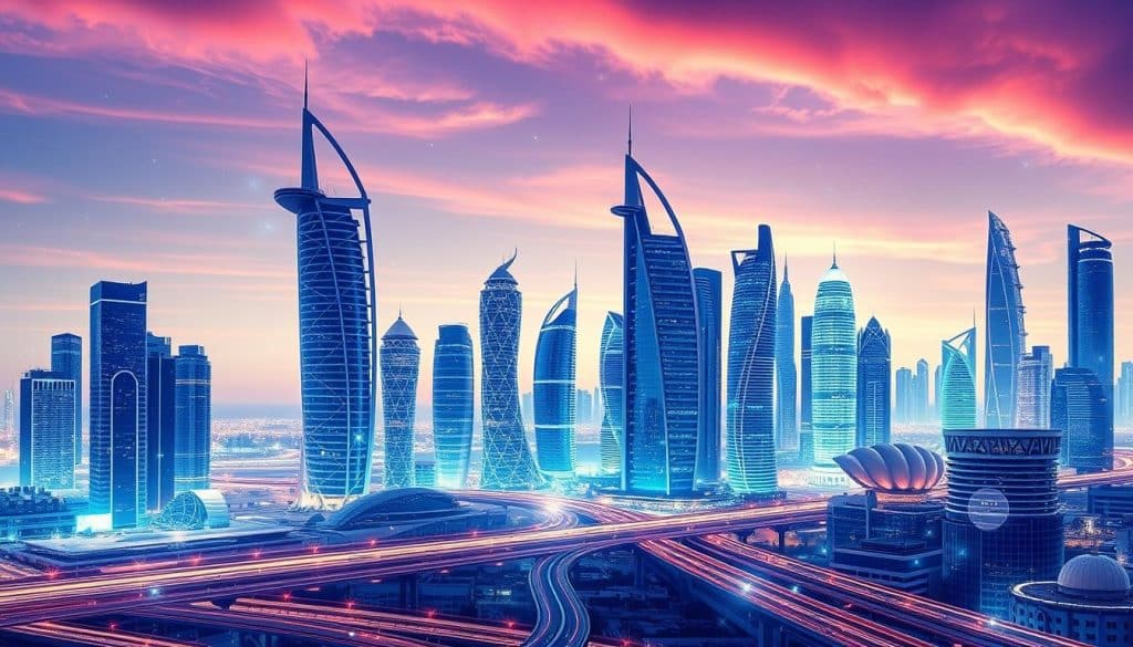 Generate an image of a modern Qatari business landscape with a focus on digital transformation.