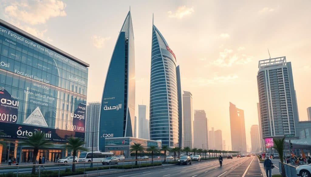 Generate an image of a modern Qatari business landscape with a prominent digital presence.