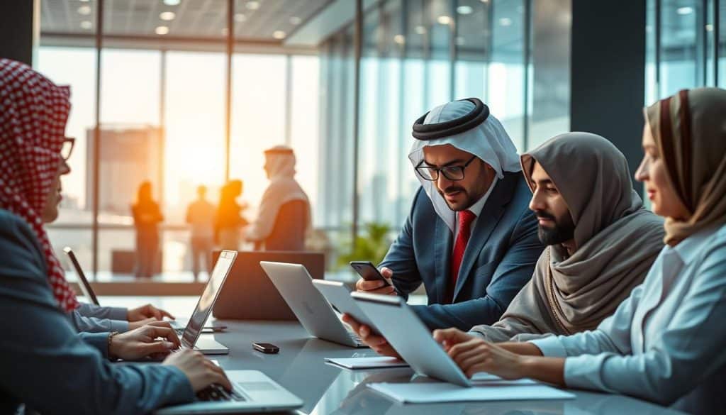 Generate an image of a modern Qatari business setting with professionals using advanced enterprise web applications on various devices.