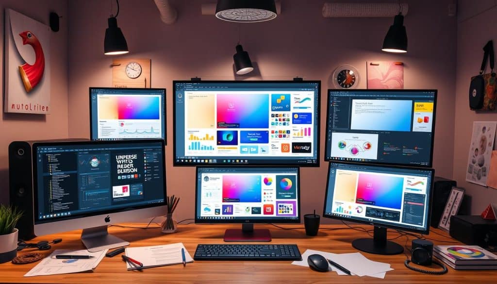 Generate an image of a modern UI design workspace with various design tools and software on the screens.