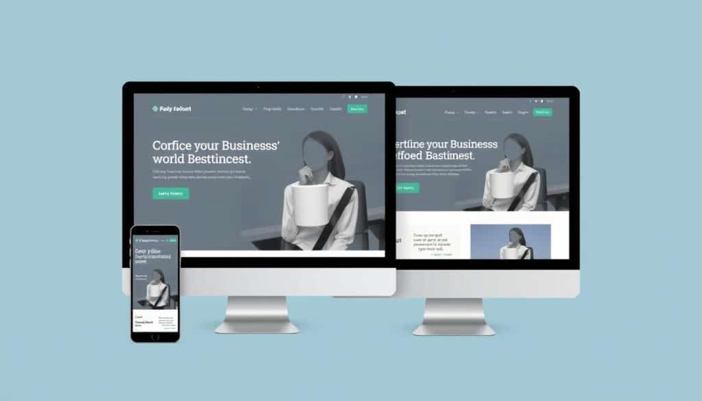 Generate an image of a modern business website on a desktop and mobile device, showcasing a clean design and user-friendly interface.