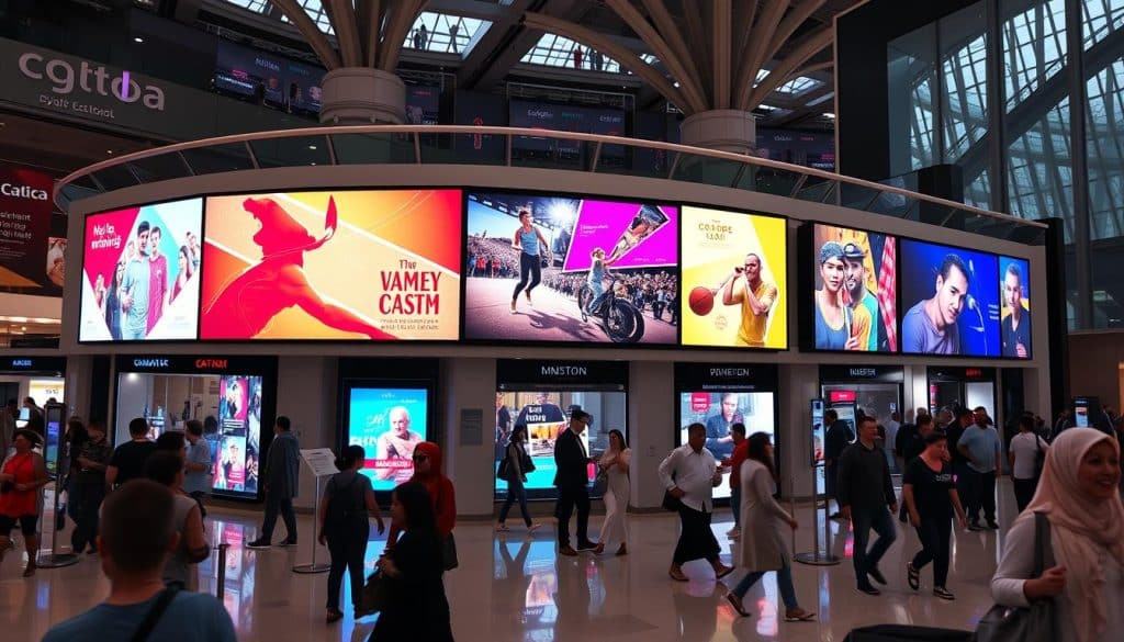 Generate an image of a modern digital signage display in Qatar, showcasing vibrant advertisements and information screens in a bustling public area.