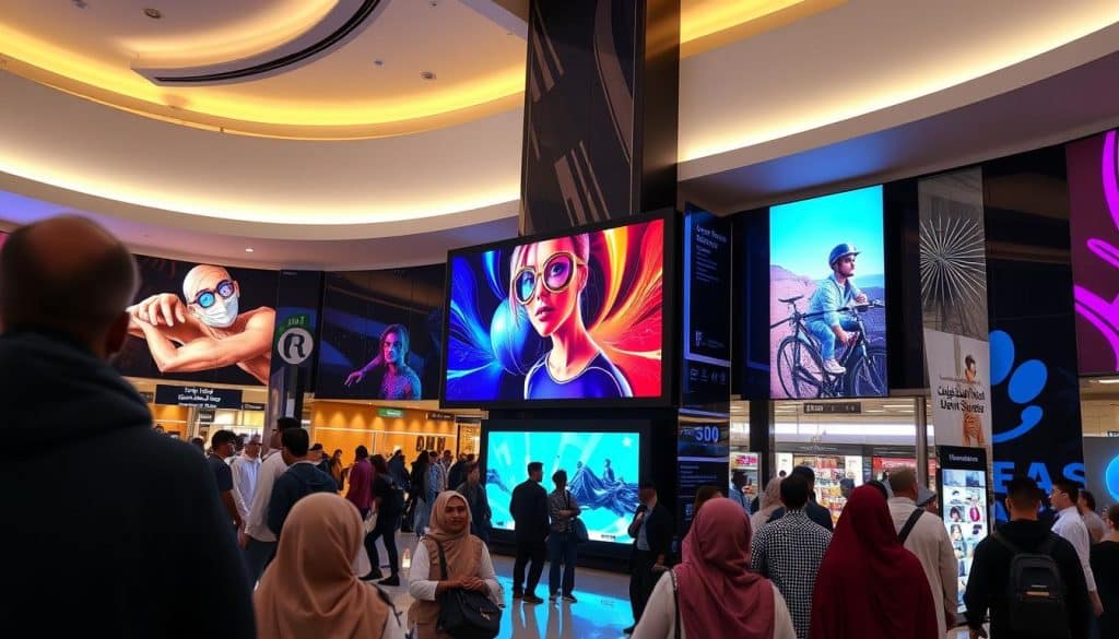 Generate an image of a modern digital signage display in a bustling Qatari mall.
