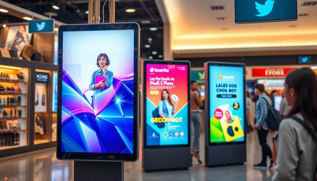 Generate an image of a modern digital signage display in a retail environment.