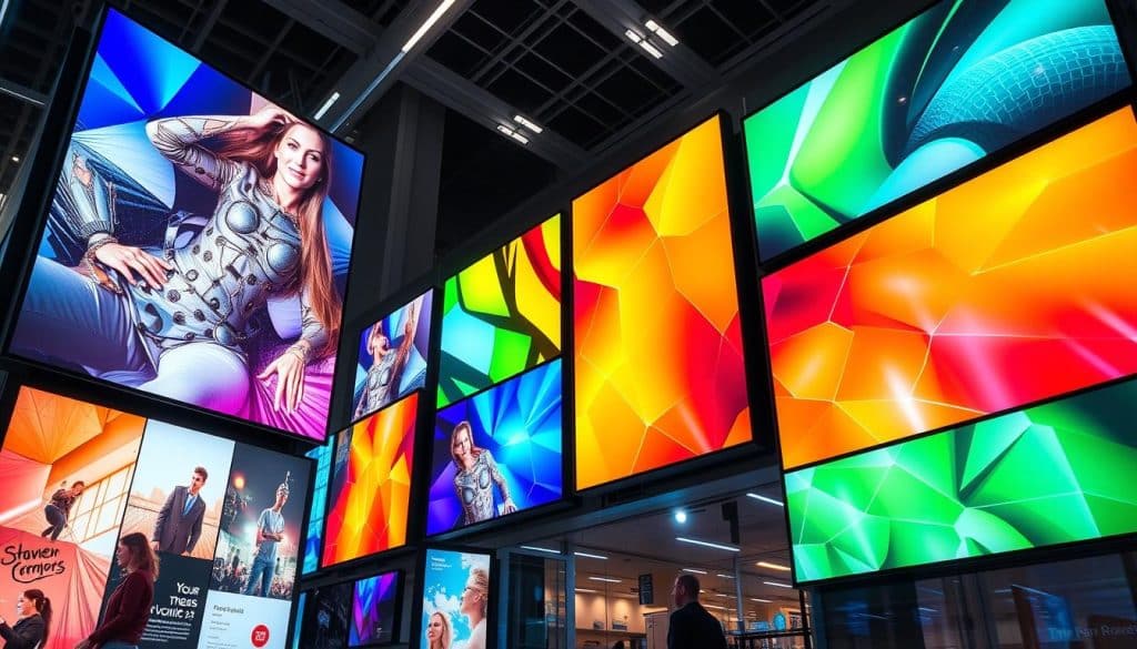 Generate an image of a modern digital signage system with multiple screens displaying various content.