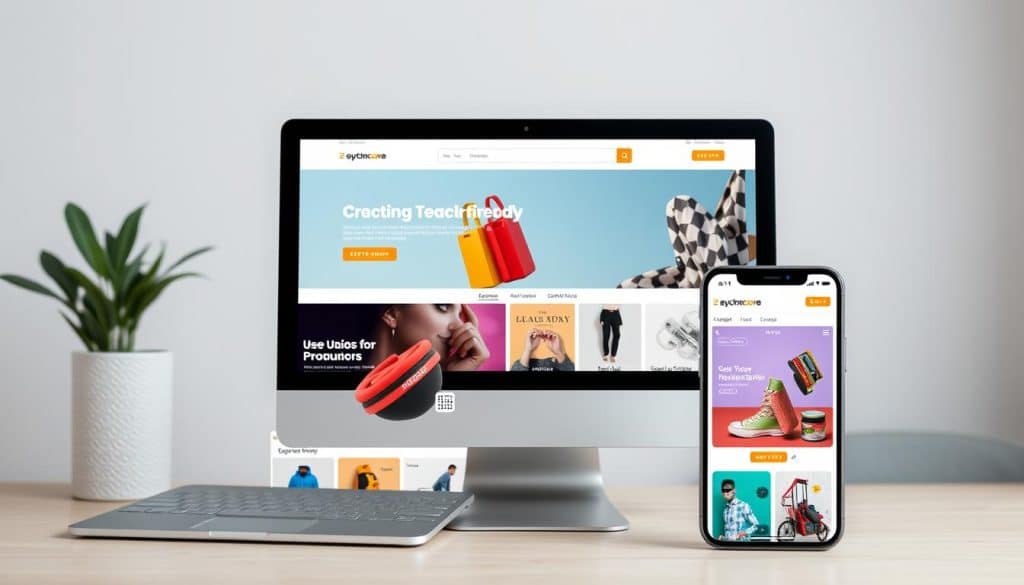 Generate an image of a modern e-commerce website on a desktop and mobile device
