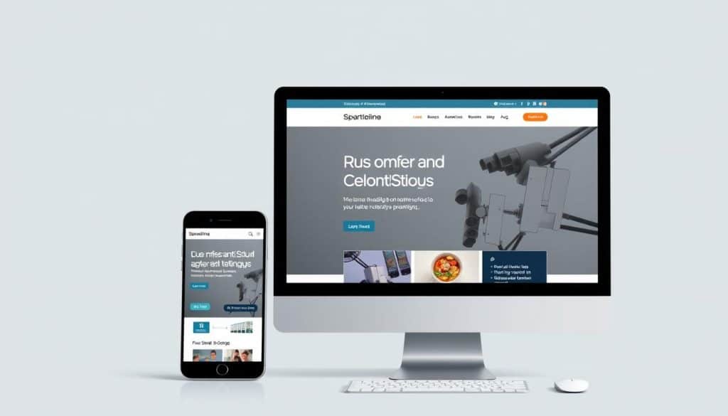 Generate an image of a modern, professionally designed business website on a desktop and mobile device, showcasing a responsive design and interactive elements.