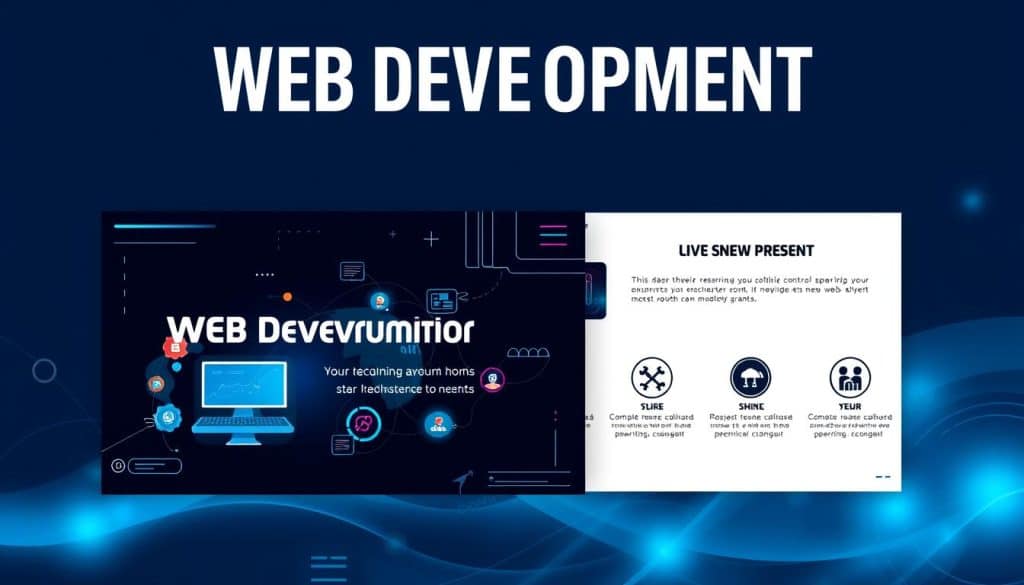 Generate an image of a modern web development presentation slide with a technology-focused design.