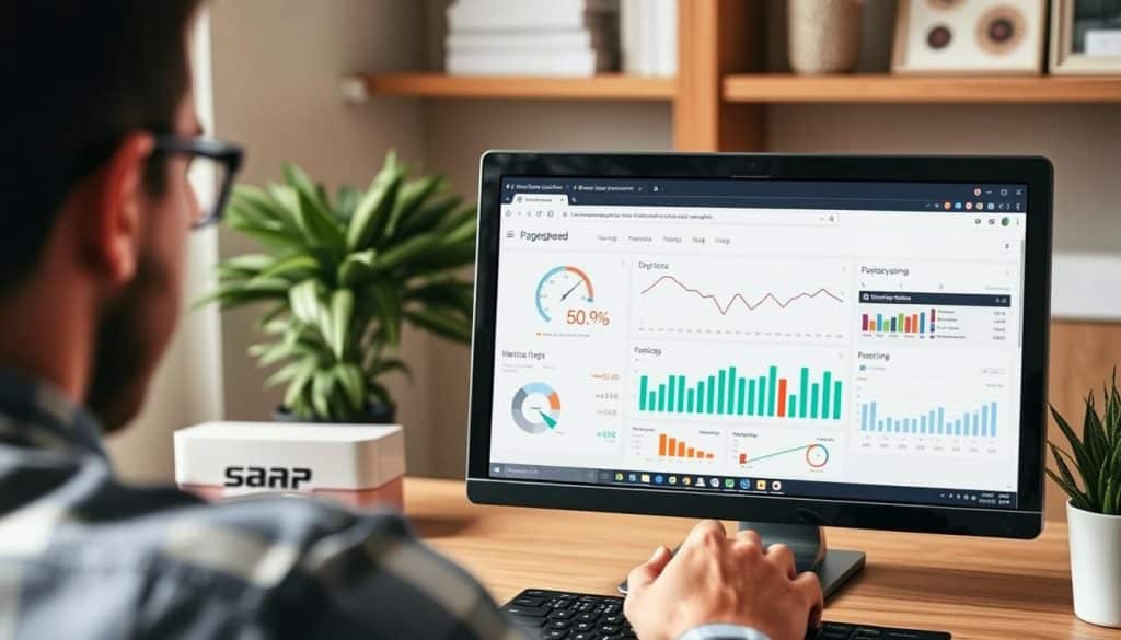 Generate an image of a person analyzing a website's performance on Google PageSpeed Insights.