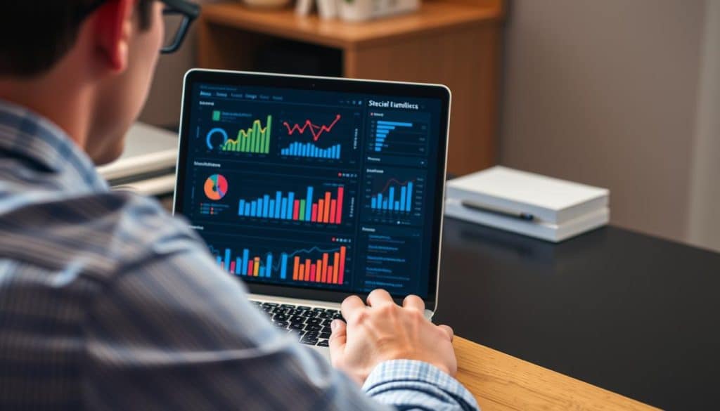 Generate an image of a person analyzing social media campaign performance on a laptop with various graphs and charts displayed.