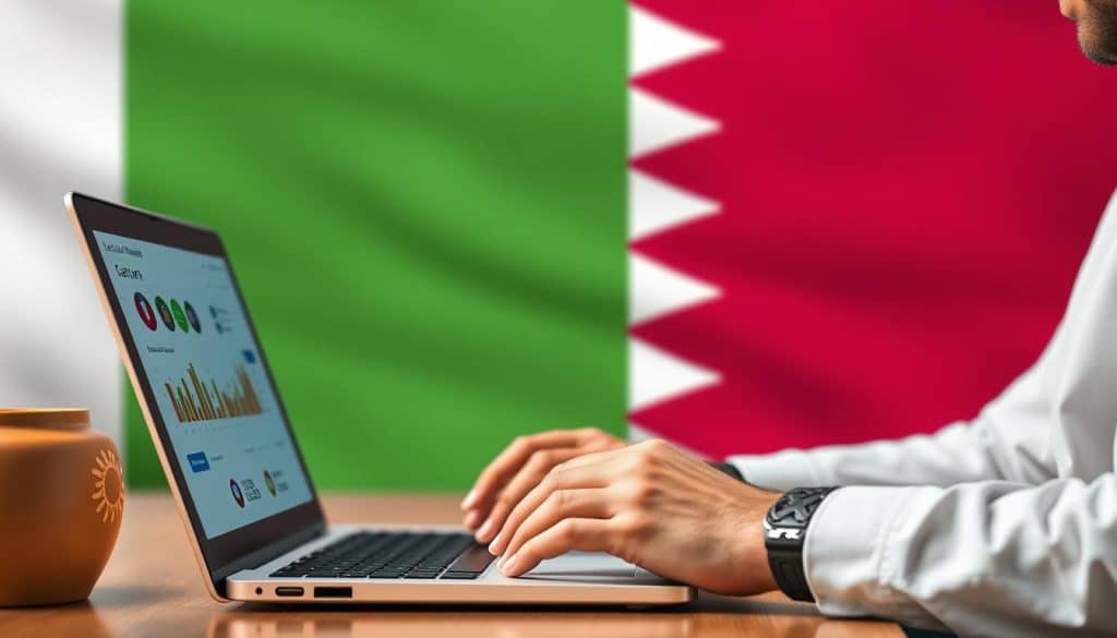 Generate an image of a person analyzing social media campaign results on a laptop, with a Qatari flag in the background.