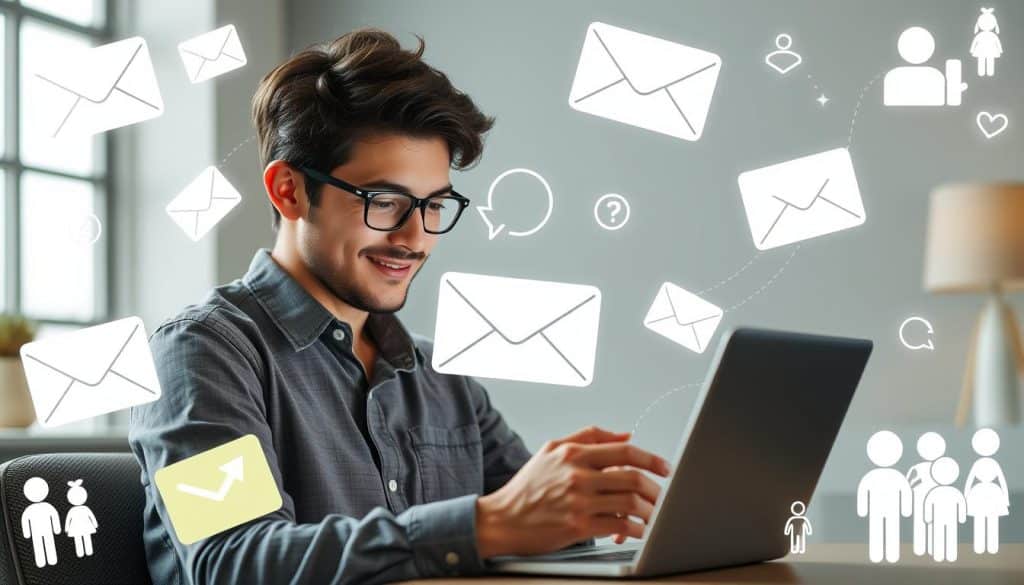 Generate an image of a person checking their email on a laptop with a satisfied expression, surrounded by elements representing customer loyalty.