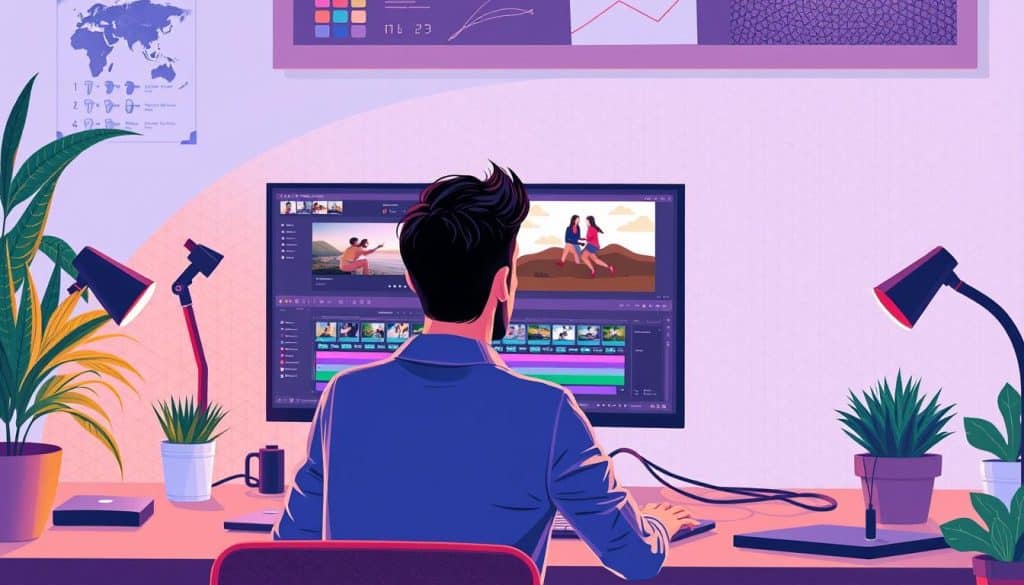 Generate an image of a person creating a video on a computer with a video editing software.