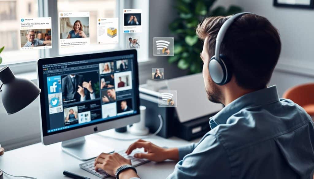 Generate an image of a person creating content on a computer with various content types displayed.