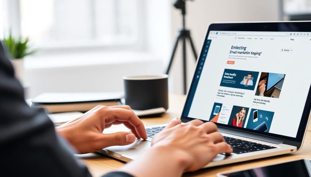 Generate an image of a person engaging with email marketing content on a laptop