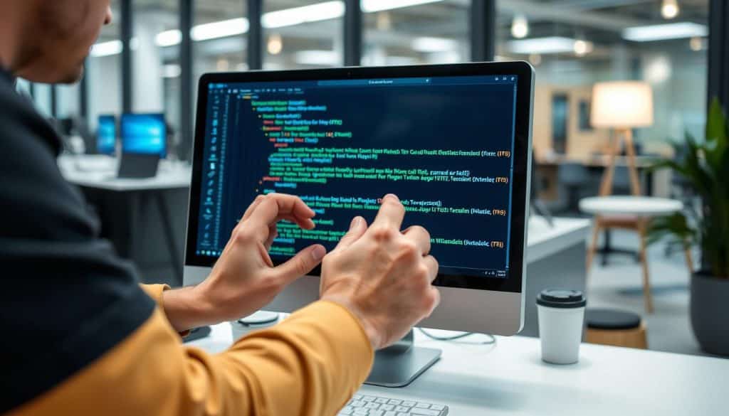 Generate an image of a person fixing broken links on a computer screen