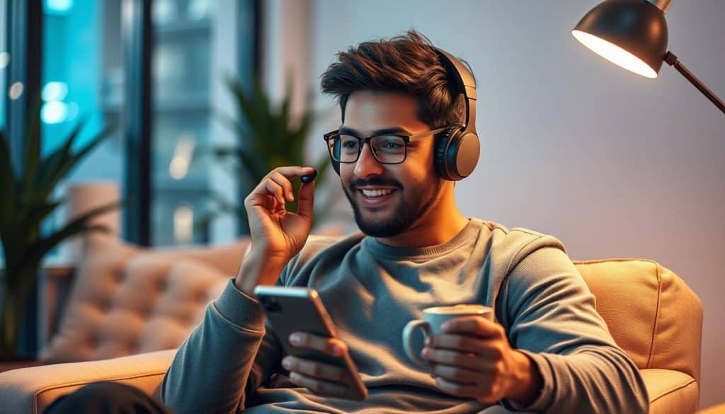 Generate an image of a person listening to a podcast on their smartphone.