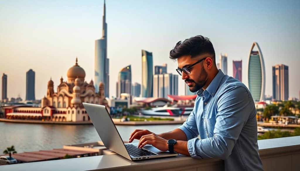 Generate an image of a person researching influencers on a laptop in a Qatar setting