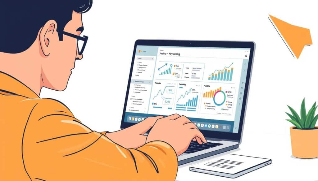 Generate an image of a person researching keywords on a computer for video SEO marketing.