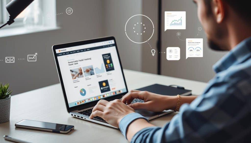 Generate an image of a person revisiting a website on their laptop, symbolizing remarketing efforts. Generate an image of a person revisiting a website on their laptop, symbolizing remarketing efforts.