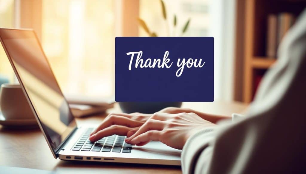 Generate an image of a person sending a thank you email on a laptop with a friendly background.