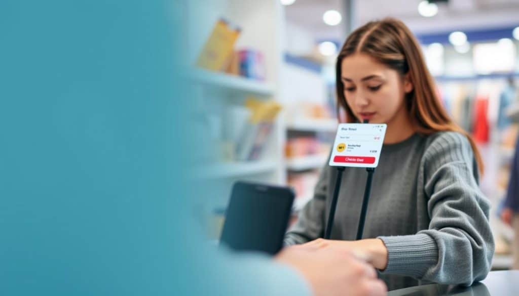 Generate an image of a person shopping on a social media platform with a seamless checkout process.