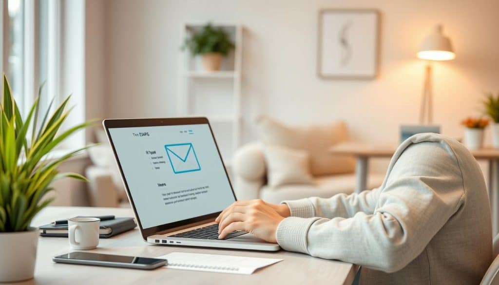 Generate an image of a person using AI email writing software on a laptop