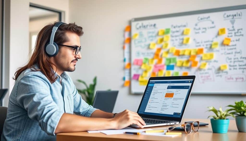 Generate an image of a person using ChatGPT on a laptop for SEO brainstorming.