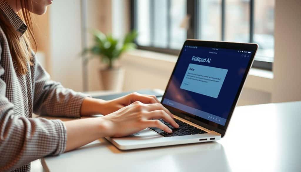 Generate an image of a person using Editpad AI Email Writer on a laptop.